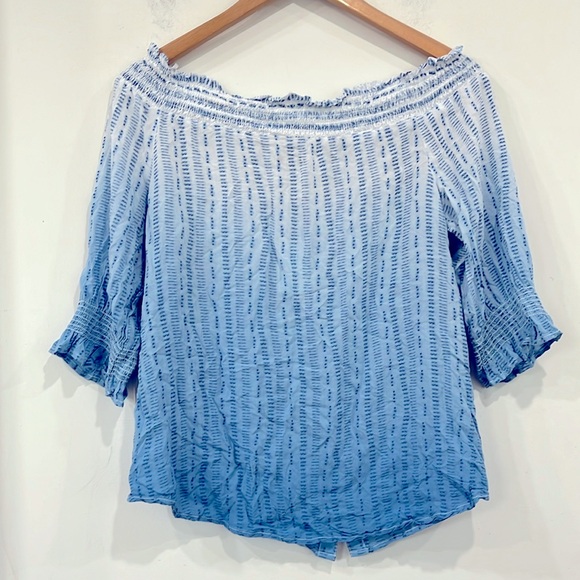 Miss Me Off Shoulder 3/4 sleeve Blouse Top Blue Dye Print Front Buttoned M - Picture 7 of 10